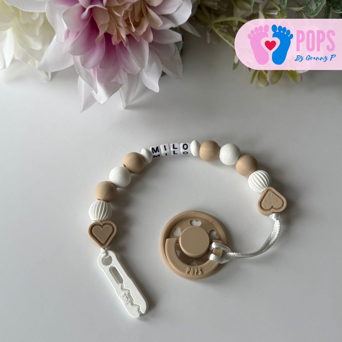 POPS Dummy Clip - Latte & White Hearts & Lanterns - Can be personalised