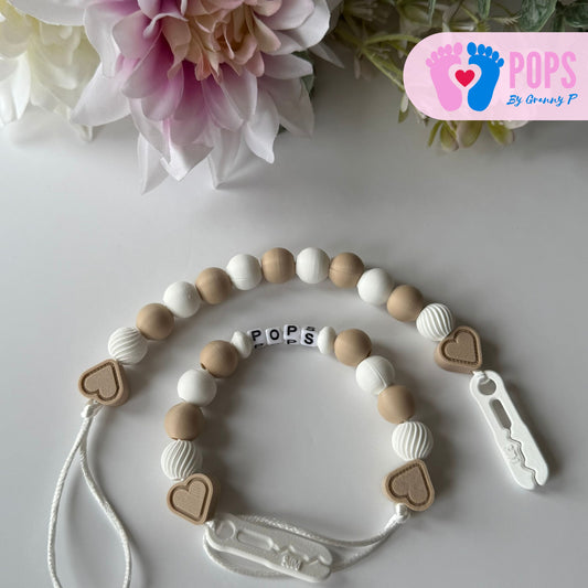 POPS Dummy Clip - Latte & White Hearts & Swirls - Can be personalised