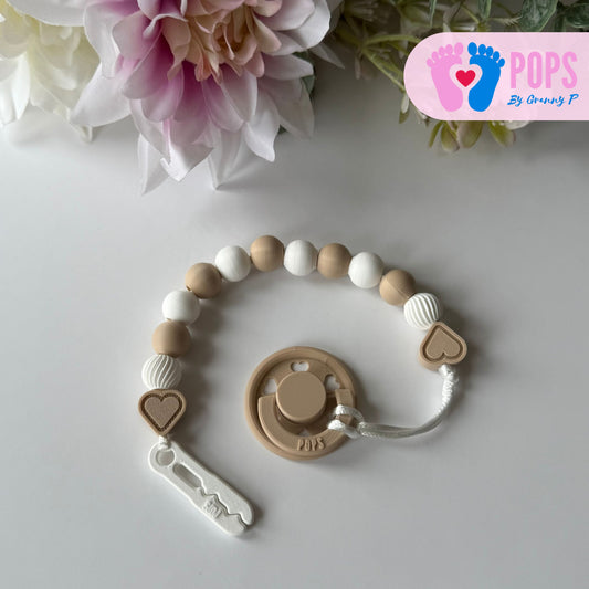 POPS Dummy Clip - Latte & White Hearts & Swirls - Can be personalised