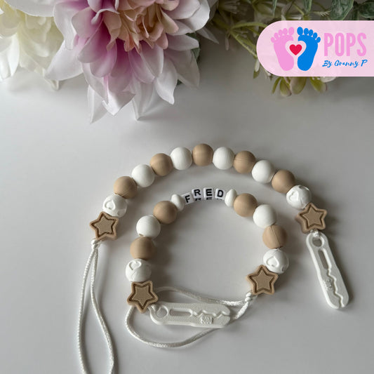 POPS Dummy Clip - Latte & White Stars & Hearts - Can be personalised