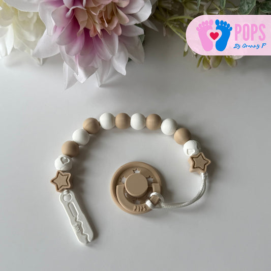 POPS Dummy Clip - Latte & White Stars & Hearts - Can be personalised