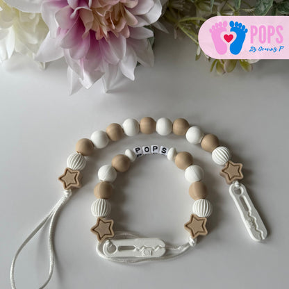 POPS Dummy Clip - Latte & White Stars & Lanterns - Can be personalised