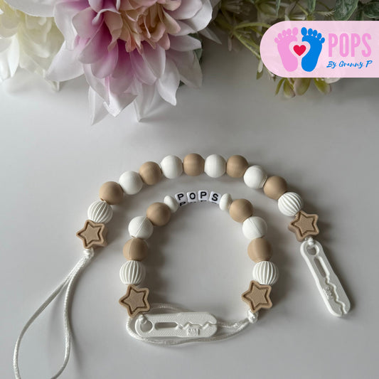 POPS Dummy Clip - Latte & White Stars & Lanterns - Can be personalised