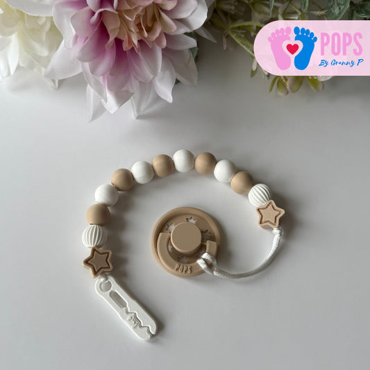 POPS Dummy Clip - Latte & White Stars & Lanterns - Can be personalised