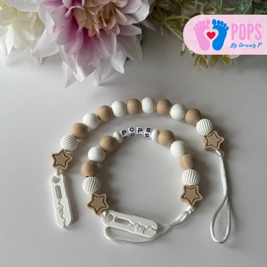 POPS Dummy Clip - Latte & White Stars & Swirls - Can be personalised