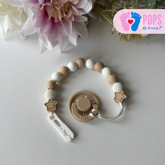 POPS Dummy Clip - Latte & White Stars & Swirls - Can be personalised