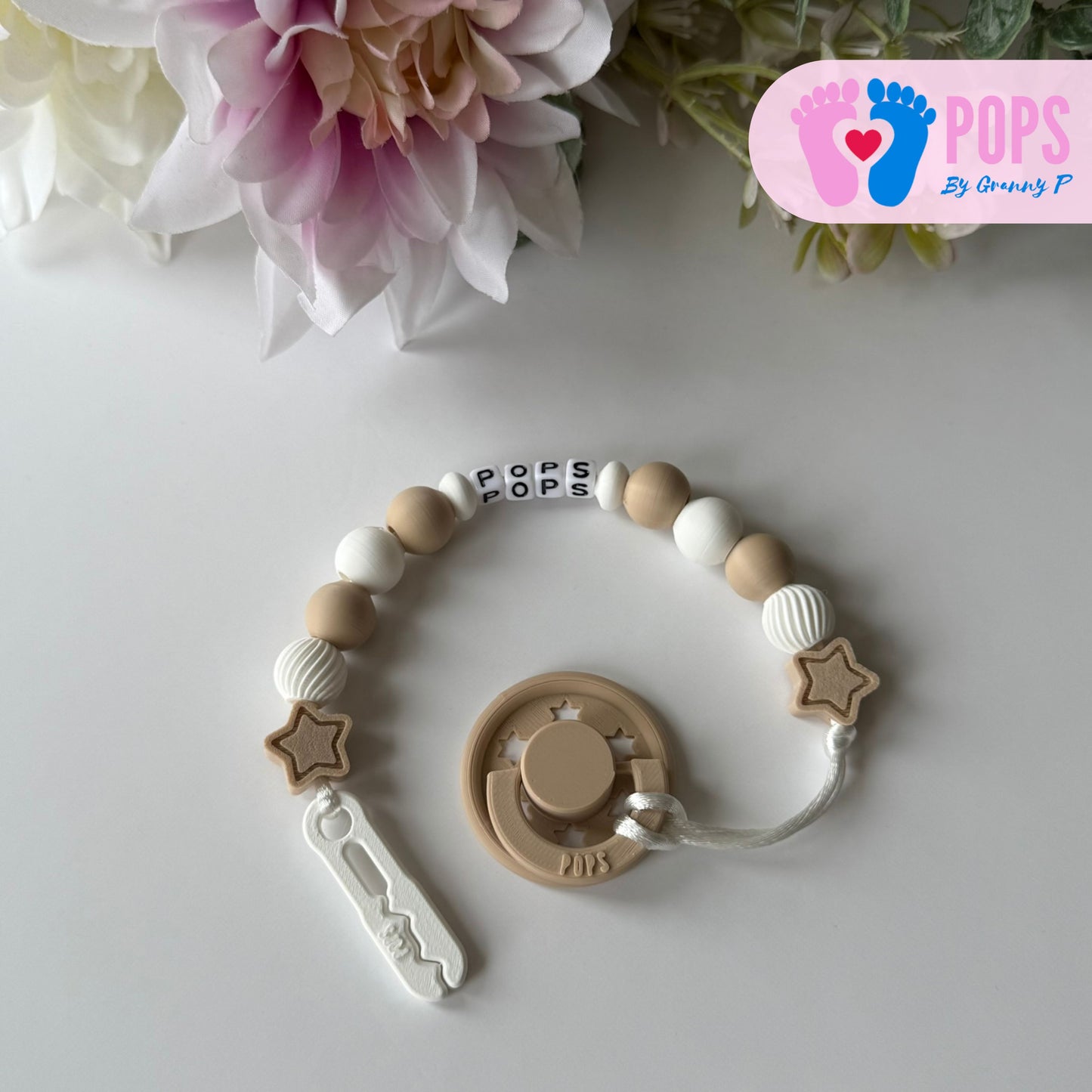 POPS Dummy Clip - Latte & White Stars & Swirls - Can be personalised