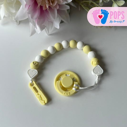 POPS Dummy Clip - Lemon & White Hearts & Hearts - Can be personalised