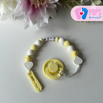 POPS Dummy Clip - Lemon & White Hearts & Hearts - Can be personalised