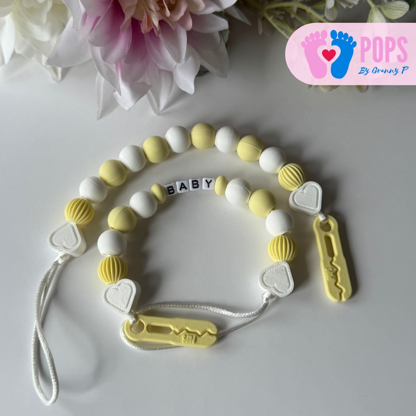 POPS Dummy Clip - Lemon & White Hearts & Lanterns - Can be personalised