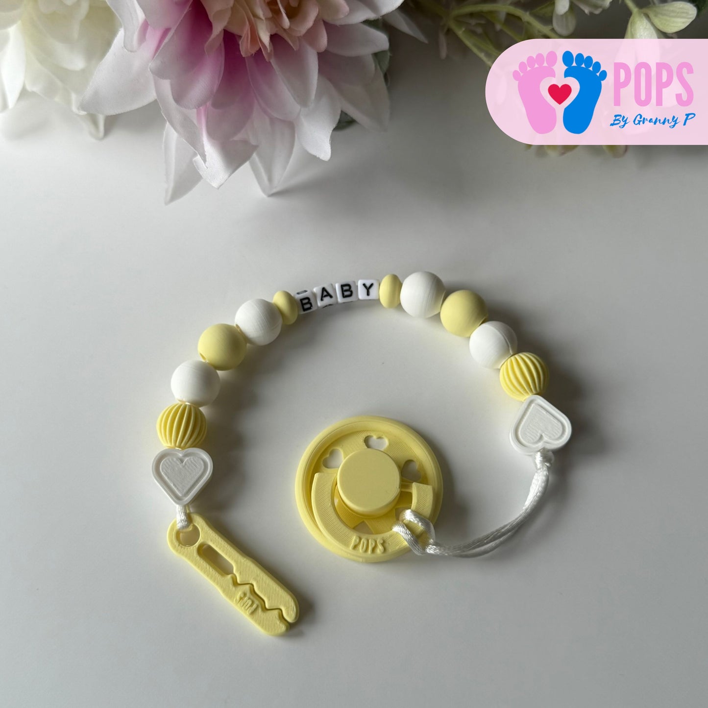 POPS Dummy Clip - Lemon & White Hearts & Lanterns - Can be personalised