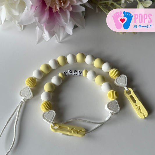 POPS Dummy Clip - Lemon & White Hearts & Swirls - Can be personalised