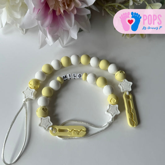 POPS Dummy Clip - Lemon & White Stars & Hearts - Can be personalised
