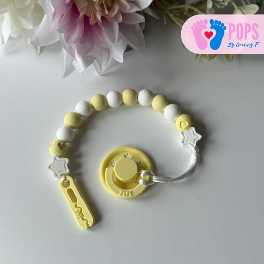 POPS Dummy Clip - Lemon & White Stars & Hearts - Can be personalised