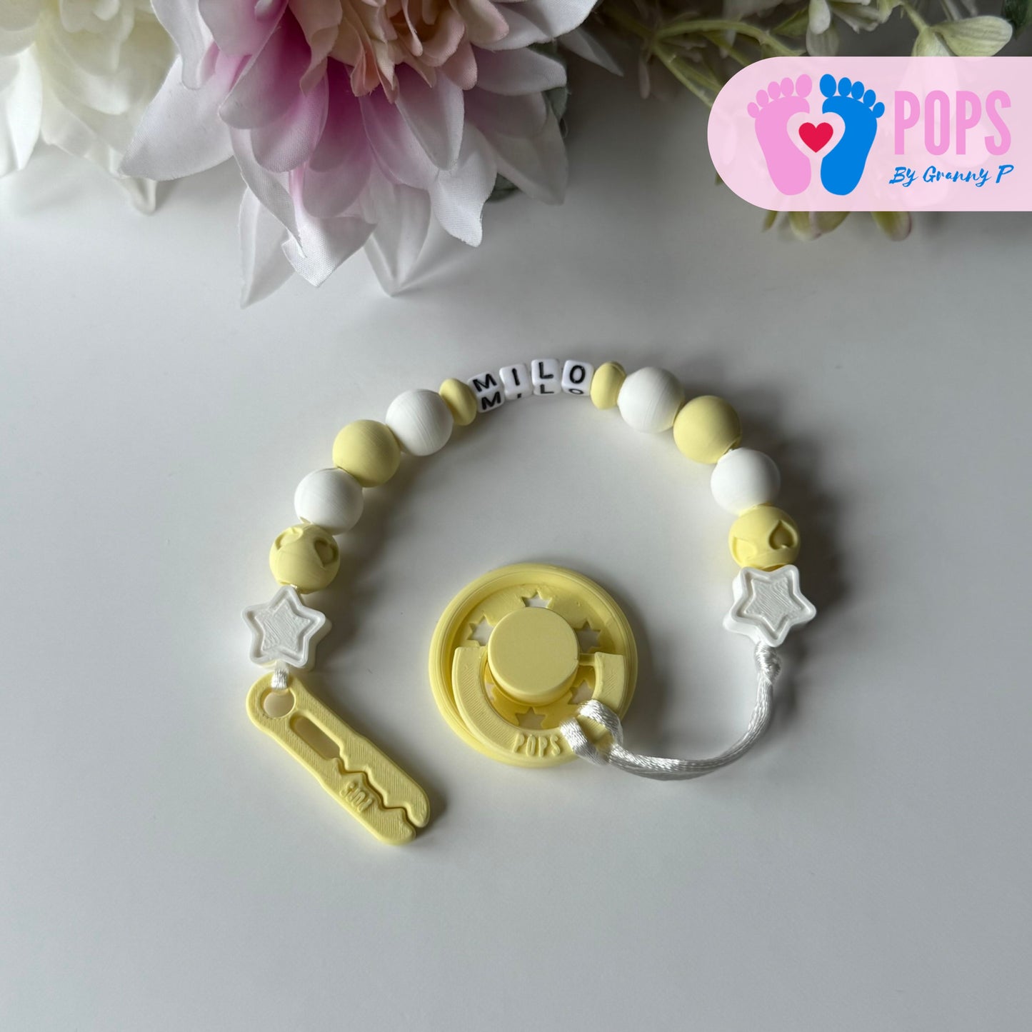 POPS Dummy Clip - Lemon & White Stars & Hearts - Can be personalised
