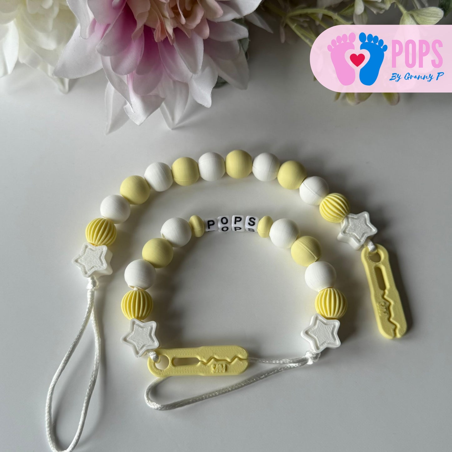 POPS Dummy Clip - Lemon & White Stars & Lanterns - Can be personalised