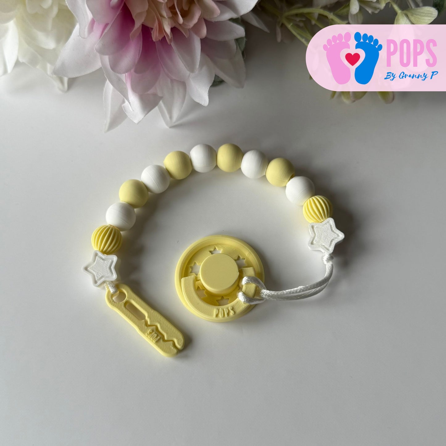 POPS Dummy Clip - Lemon & White Stars & Lanterns - Can be personalised