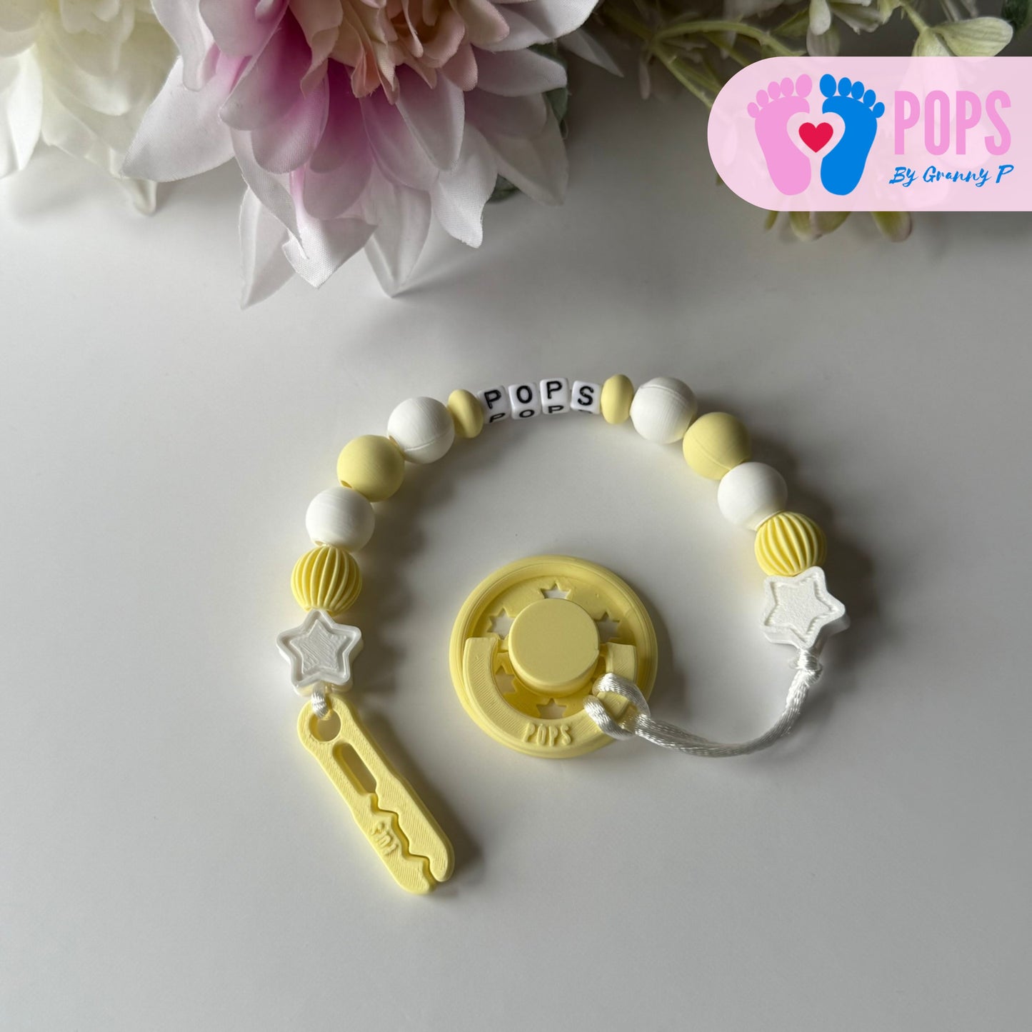 POPS Dummy Clip - Lemon & White Stars & Lanterns - Can be personalised