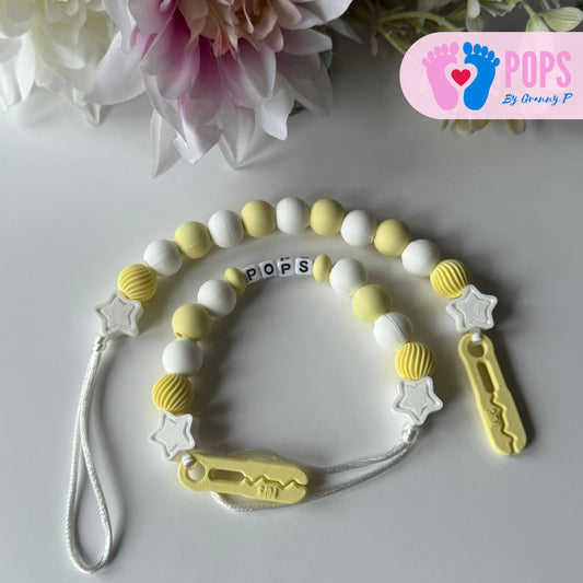 POPS Dummy Clip - Lemon & White Stars & Swirls - Can be personalised