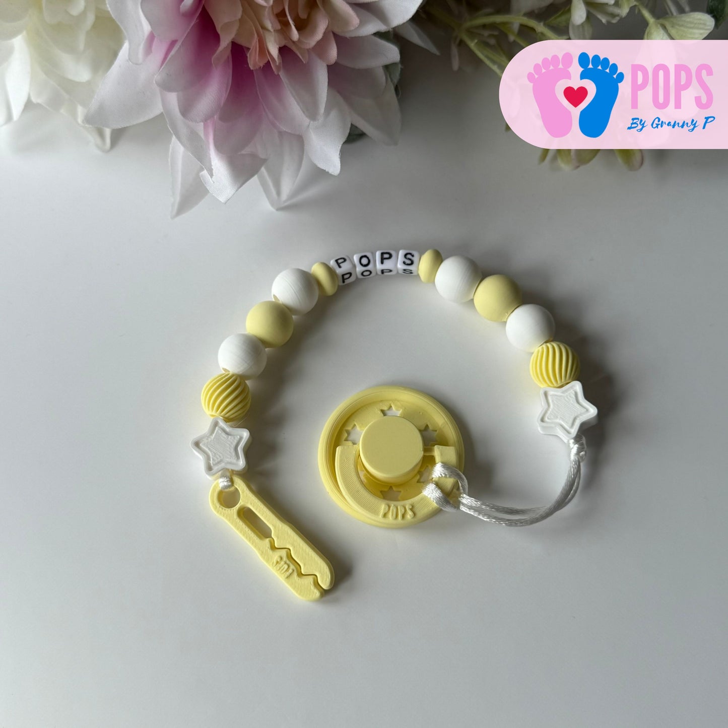 POPS Dummy Clip - Lemon & White Stars & Swirls - Can be personalised