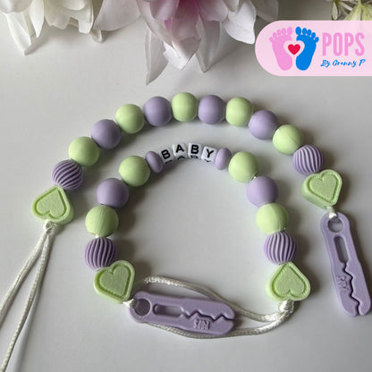 POPS Dummy Clip - Lilac & Mint Hearts & Swirls - Can be personalised
