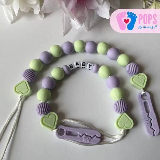 POPS Dummy Clip - Lilac & Mint Hearts & Swirls - Can be personalised