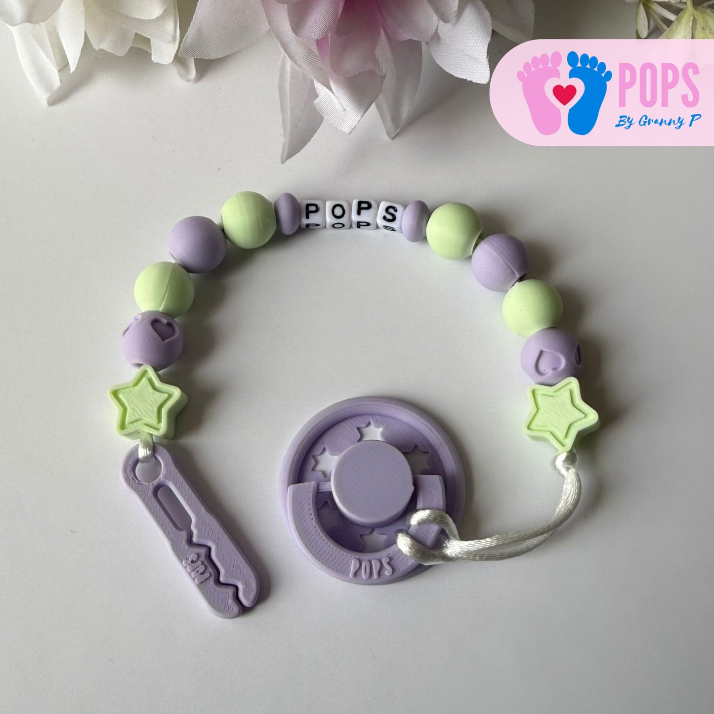 POPS Dummy Clip - Lilac & Mint Stars & Hearts - Can be personalised
