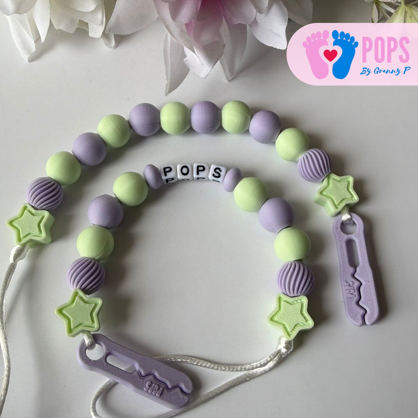 POPS Dummy Clip - Lilac & Mint Stars & Swirls - Can be personalised
