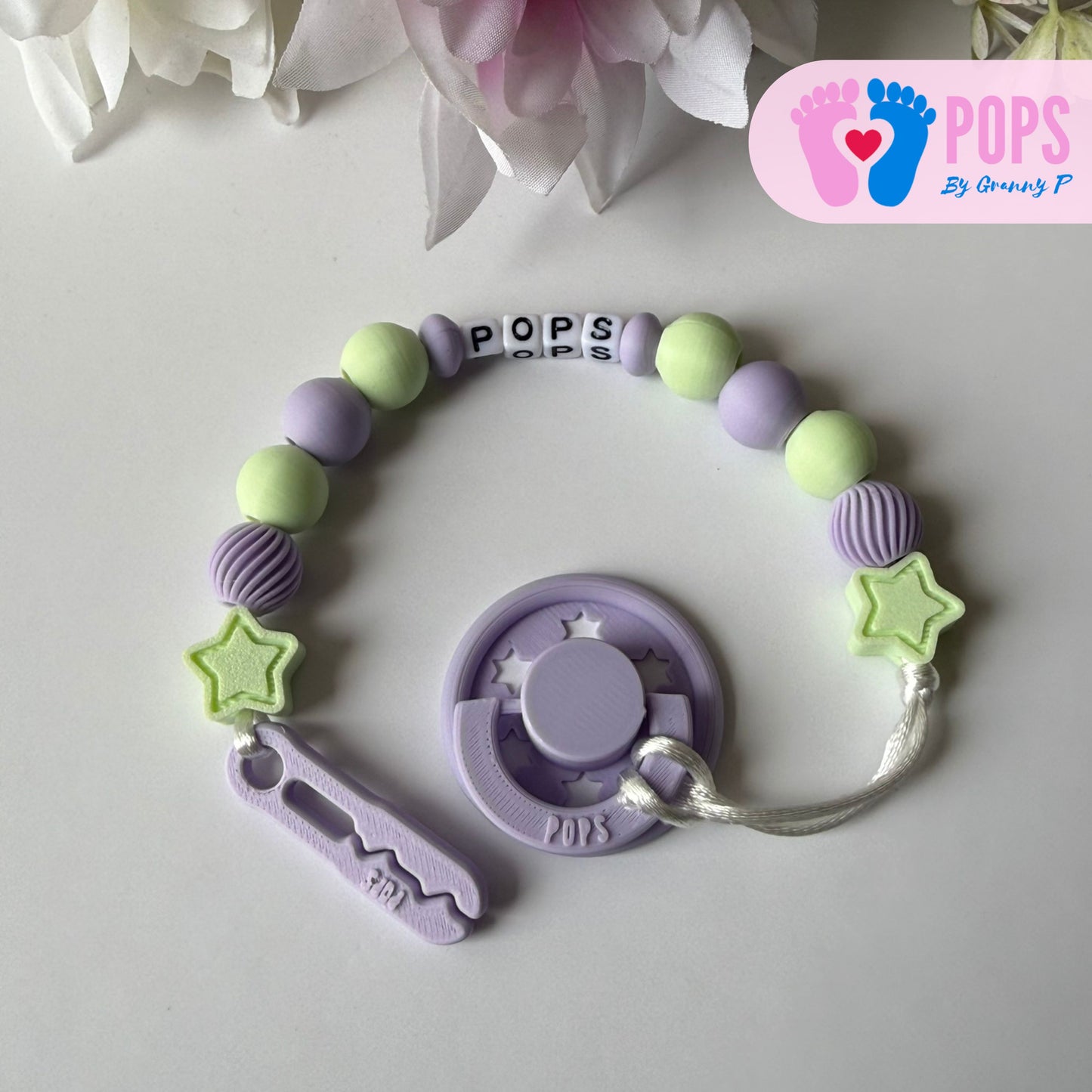 POPS Dummy Clip - Lilac & Mint Stars & Swirls - Can be personalised