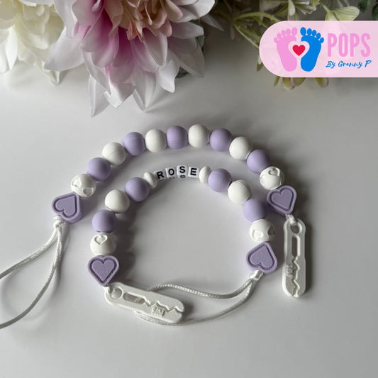 POPS Dummy Clip - Lilac & White Hearts & Hearts - Can be personalised
