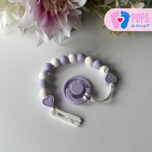 POPS Dummy Clip - Lilac & White Hearts & Hearts - Can be personalised