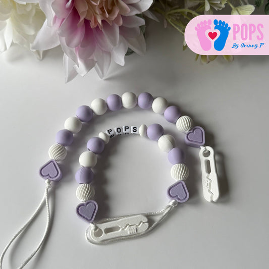 POPS Dummy Clip - Lilac & White Hearts & Swirls - Can be personalised