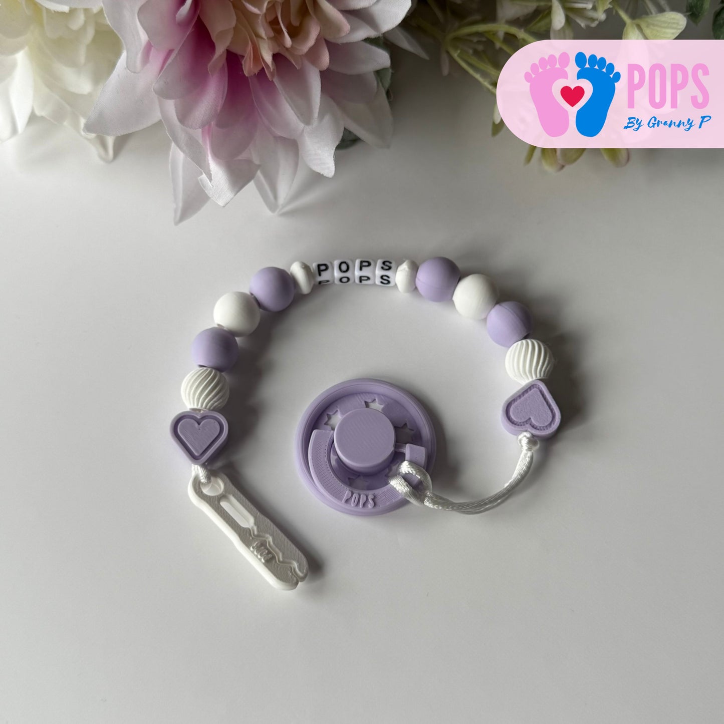 POPS Dummy Clip - Lilac & White Hearts & Swirls - Can be personalised