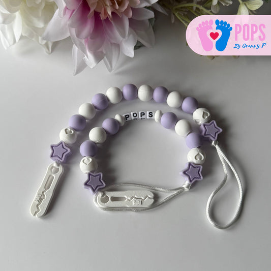 POPS Dummy Clip - Lilac & White Stars & Hearts - Can be personalised
