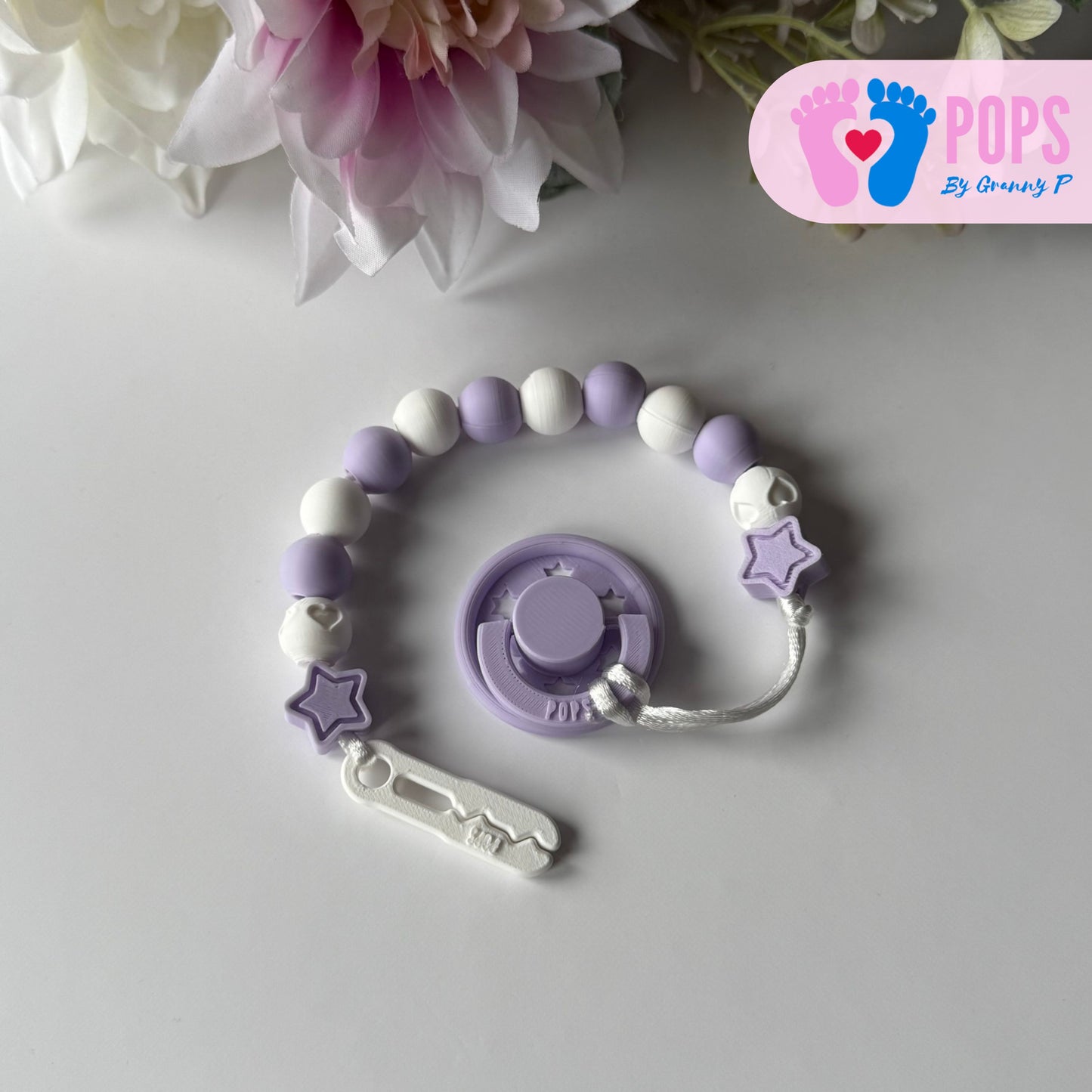 POPS Dummy Clip - Lilac & White Stars & Hearts - Can be personalised
