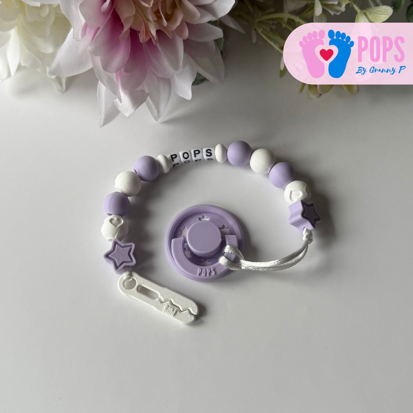 POPS Dummy Clip - Lilac & White Stars & Hearts - Can be personalised