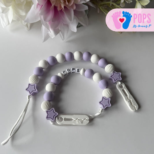 POPS Dummy Clip - Lilac & White Stars & Swirls - Can be personalised