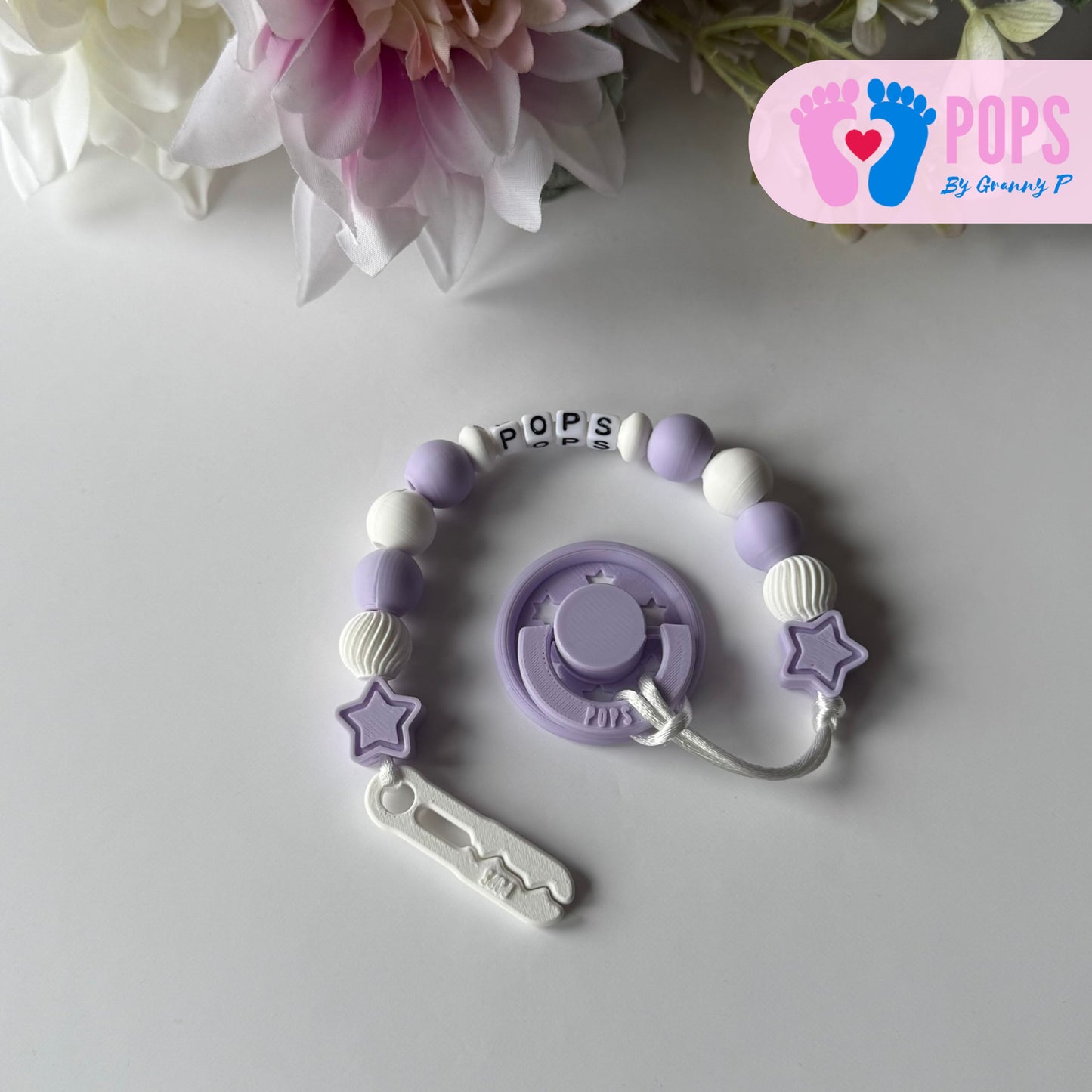 POPS Dummy Clip - Lilac & White Stars & Swirls - Can be personalised
