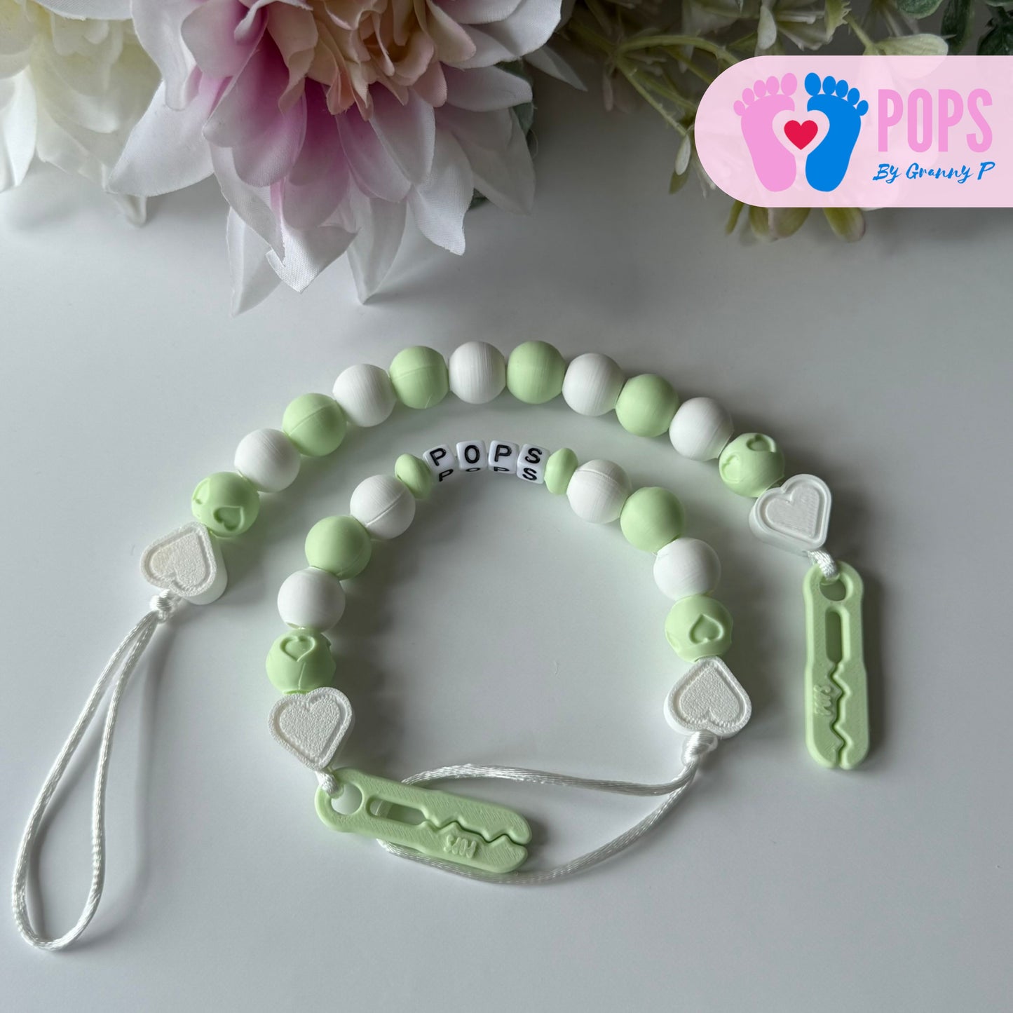 POPS Dummy Clip - Mint & White Hearts & Hearts - Can be personalised