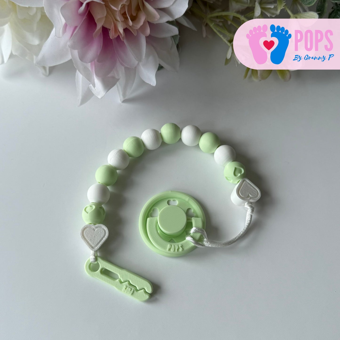 POPS Dummy Clip - Mint & White Hearts & Hearts - Can be personalised