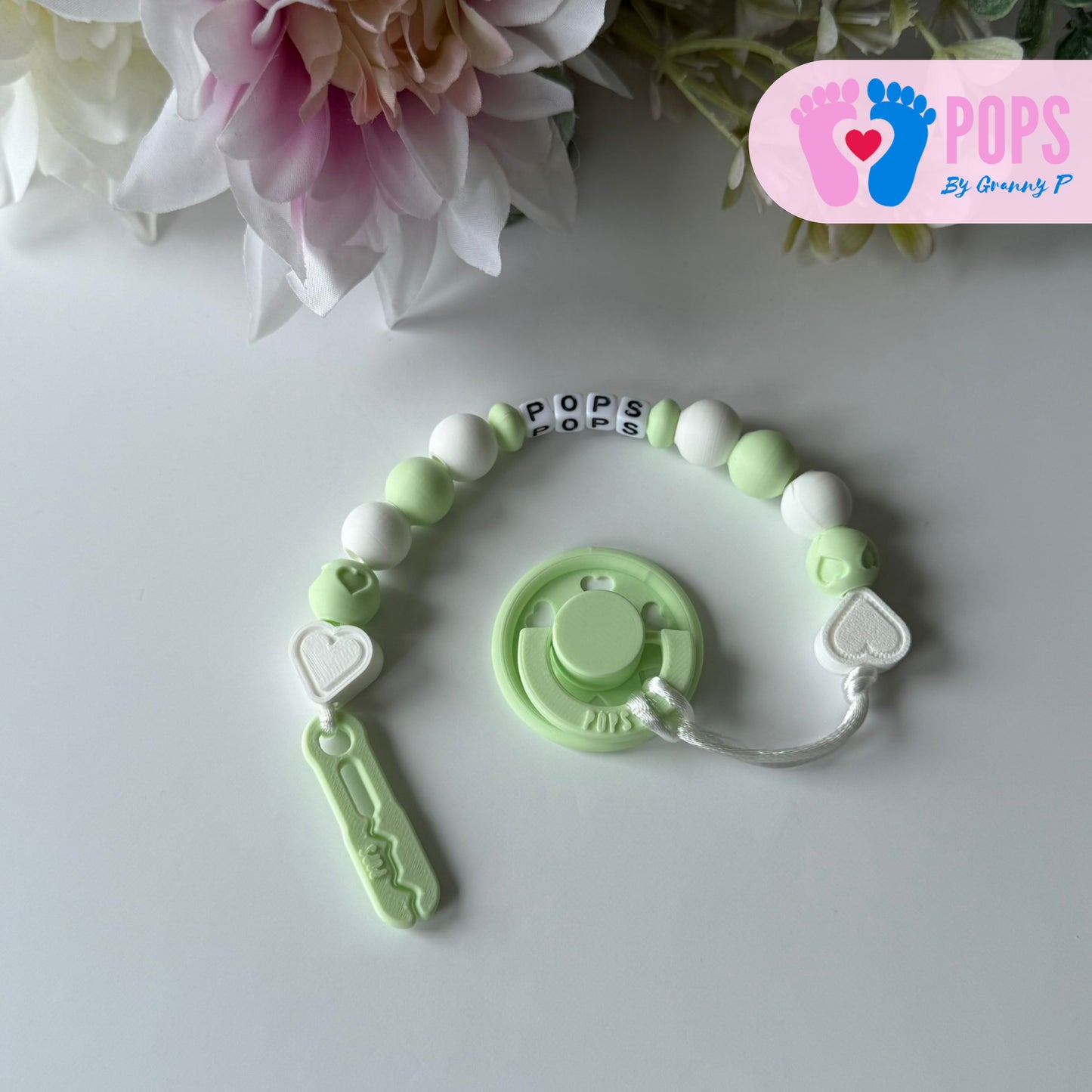 POPS Dummy Clip - Mint & White Hearts & Hearts - Can be personalised