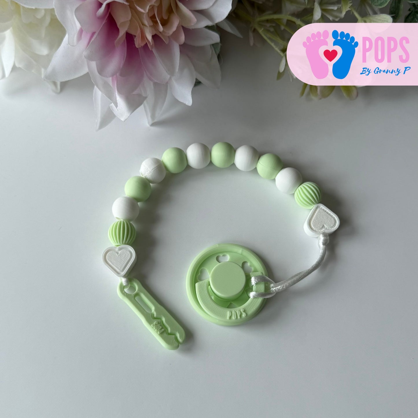 POPS Dummy Clip - Mint & White Hearts & Lanterns - Can be personalised