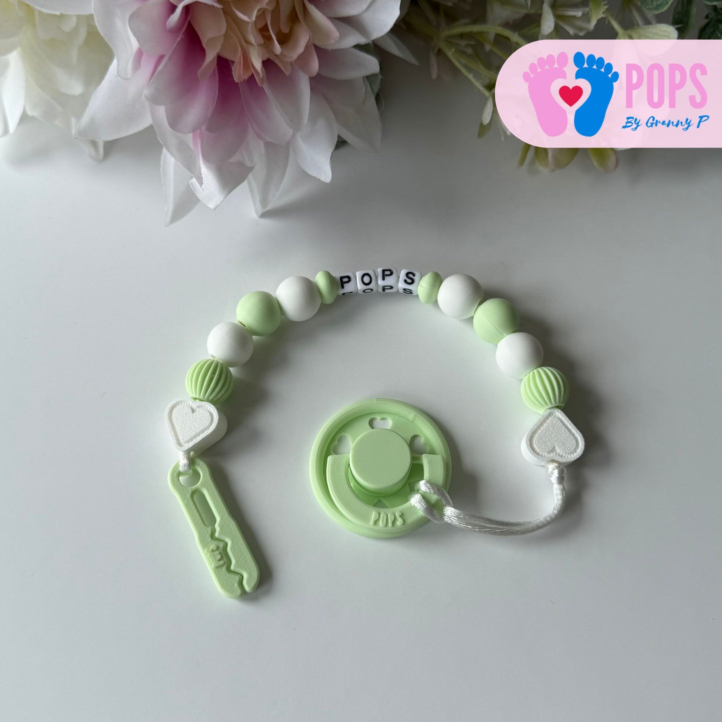 POPS Dummy Clip - Mint & White Hearts & Lanterns - Can be personalised
