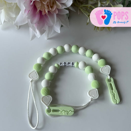 POPS Dummy Clip - Mint & White Hearts & Swirls - Can be personalised