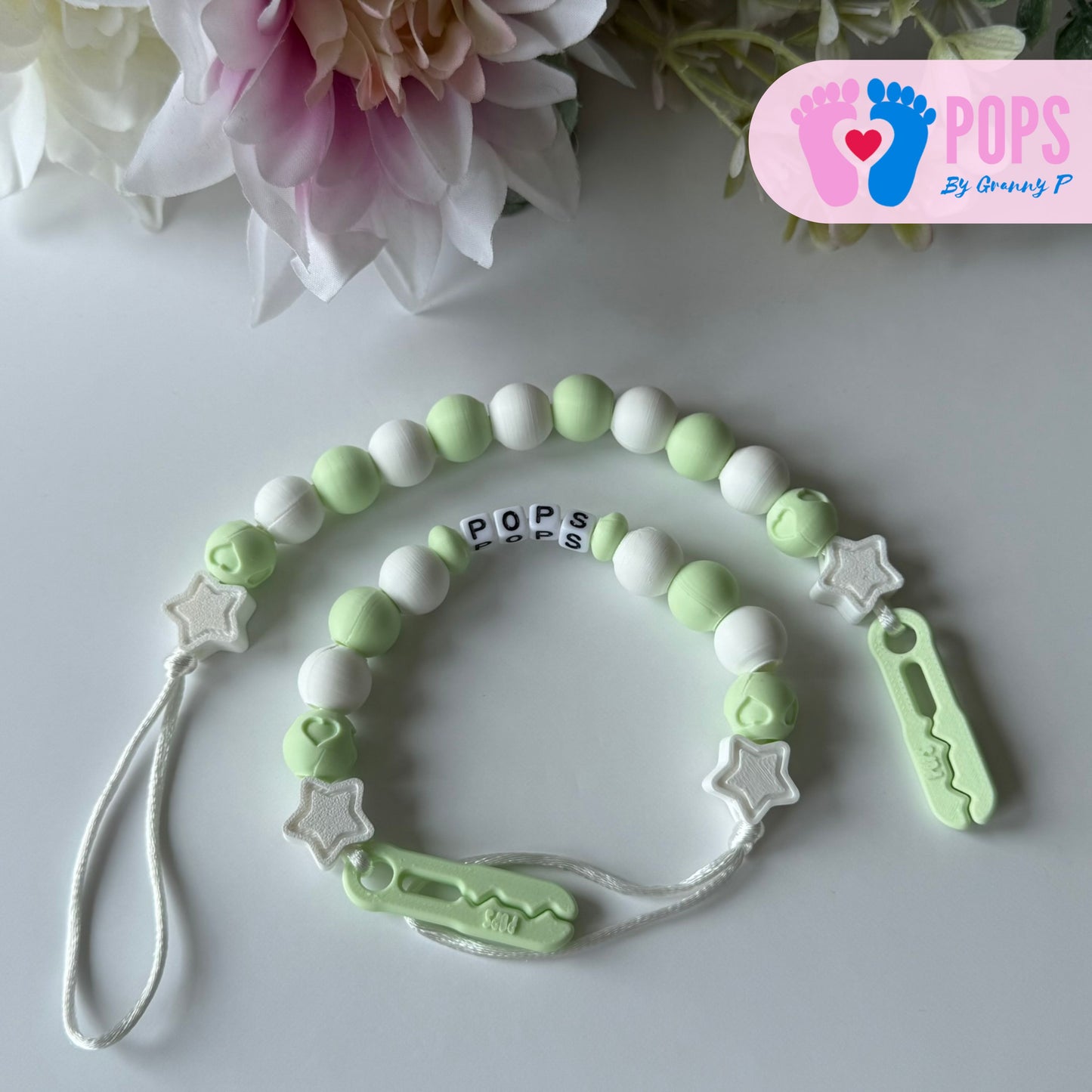 POPS Dummy Clip - Mint & White Stars & Hearts - Can be personalised