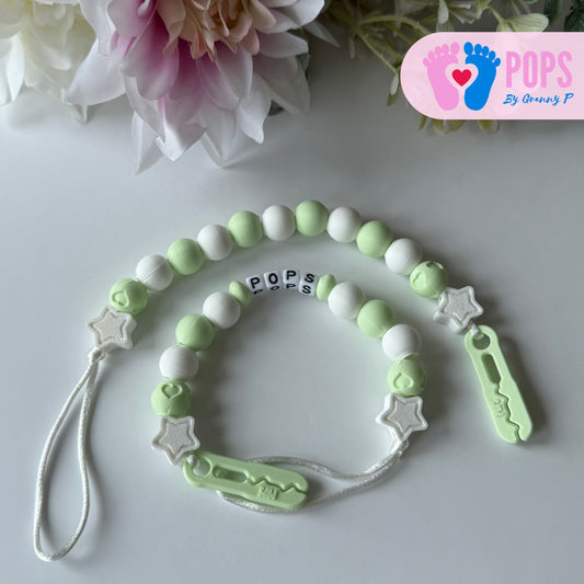POPS Dummy Clip - Mint & White Stars & Hearts - Can be personalised