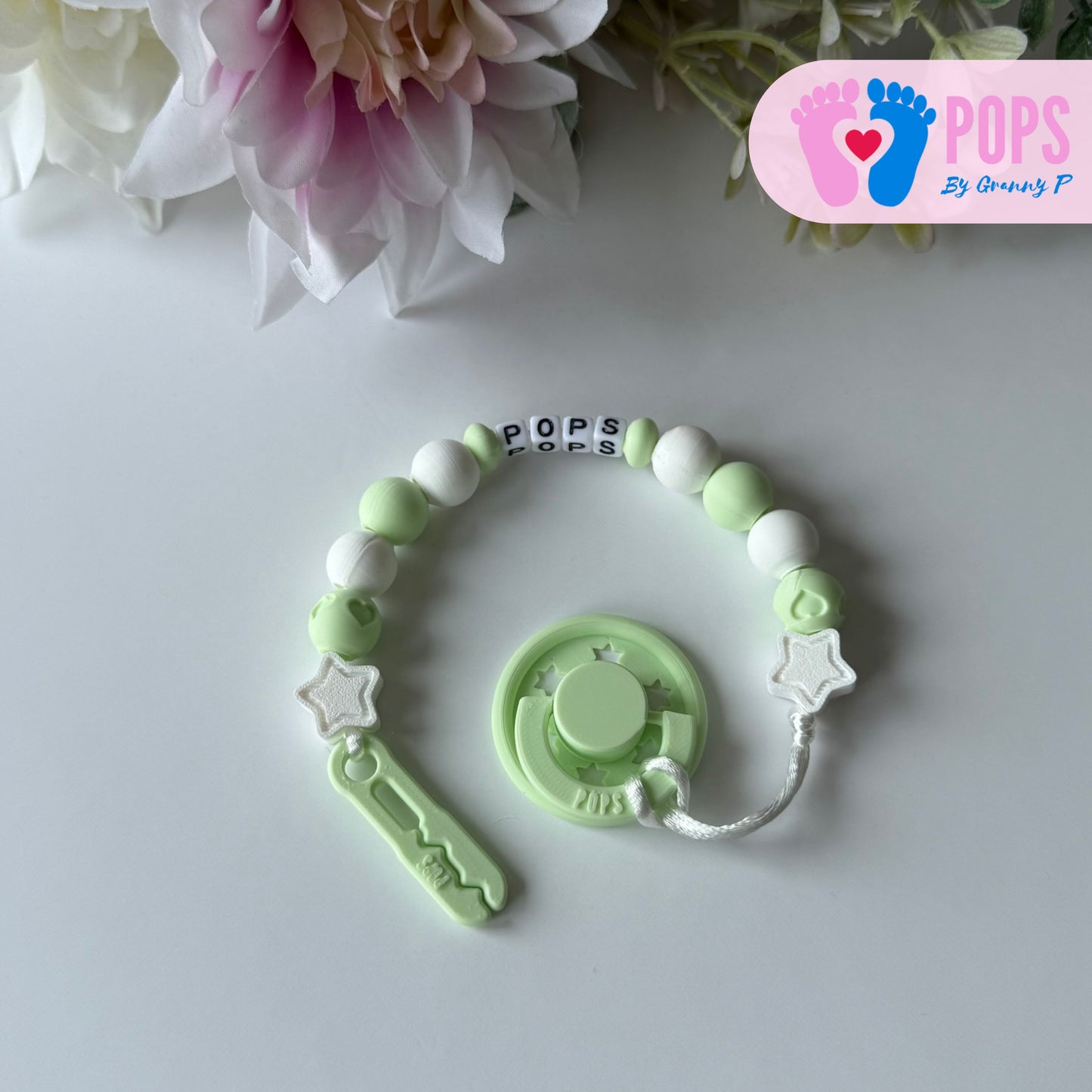 POPS Dummy Clip - Mint & White Stars & Hearts - Can be personalised