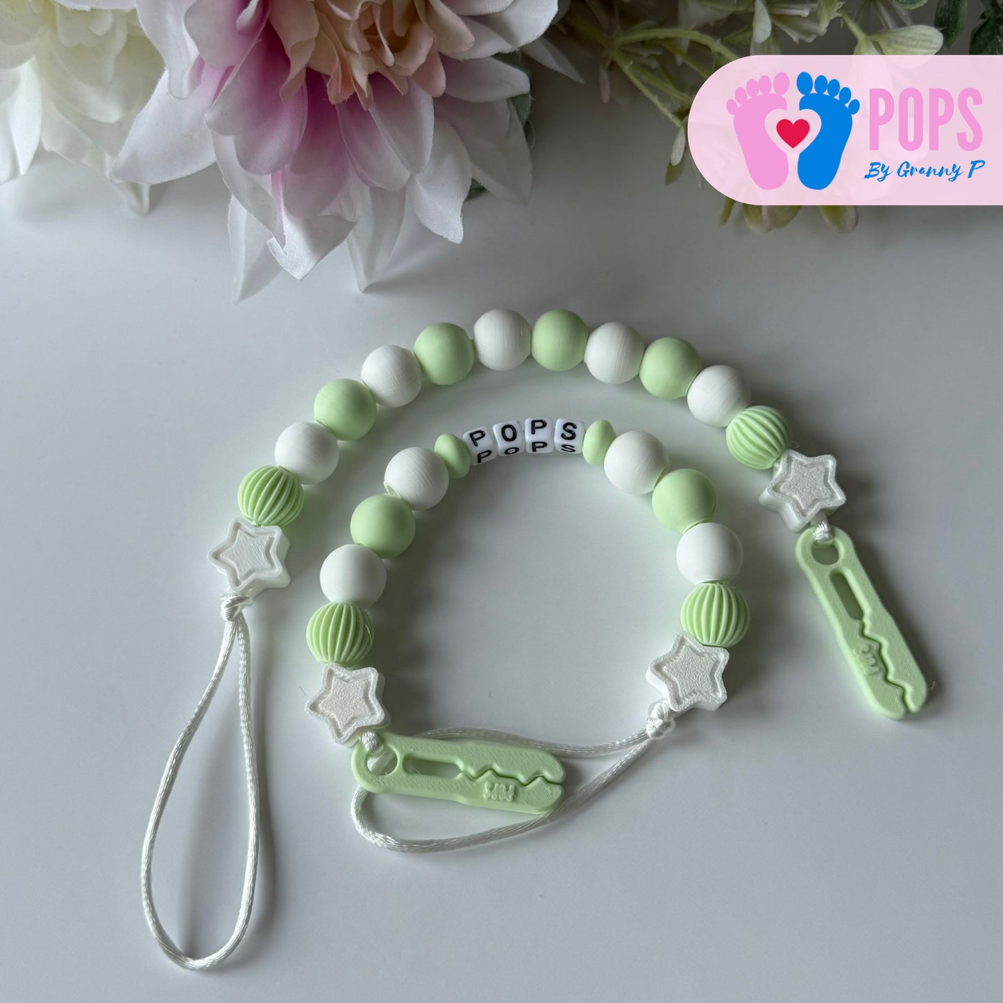 POPS Dummy Clip - Mint & White Stars & Lanterns - Can be personalised