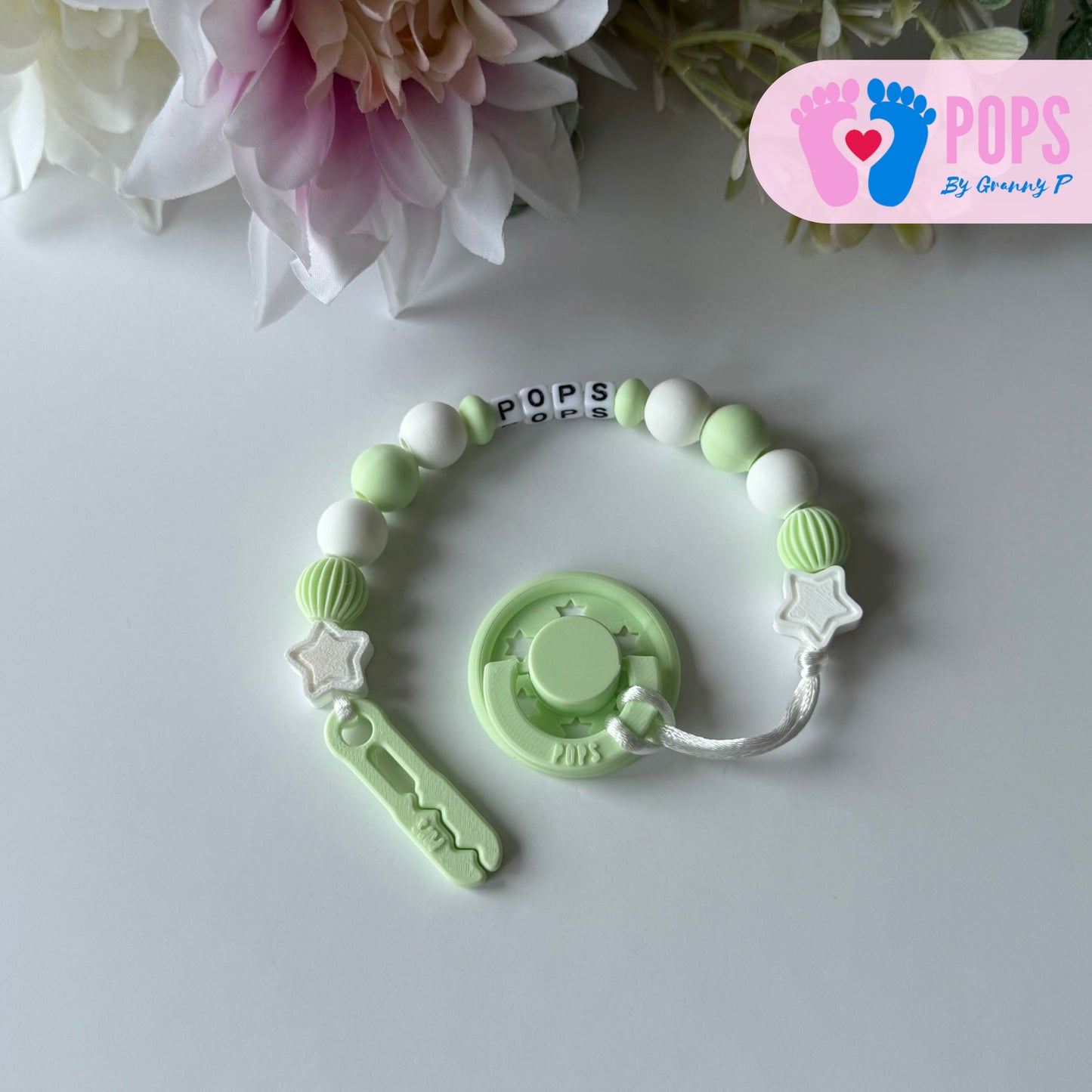 POPS Dummy Clip - Mint & White Stars & Lanterns - Can be personalised