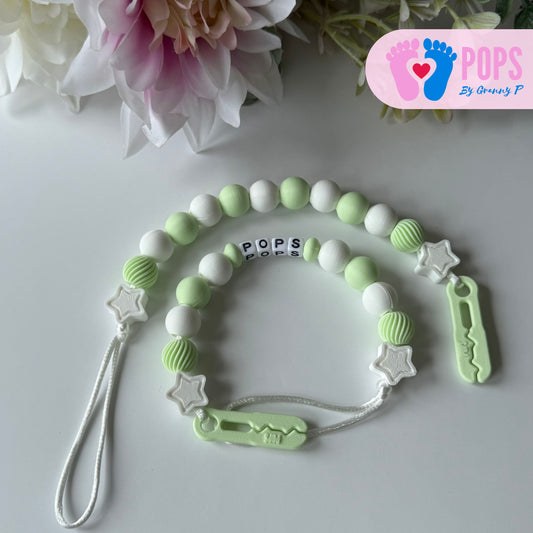 POPS Dummy Clip - Mint & White Stars & Swirls - Can be personalised